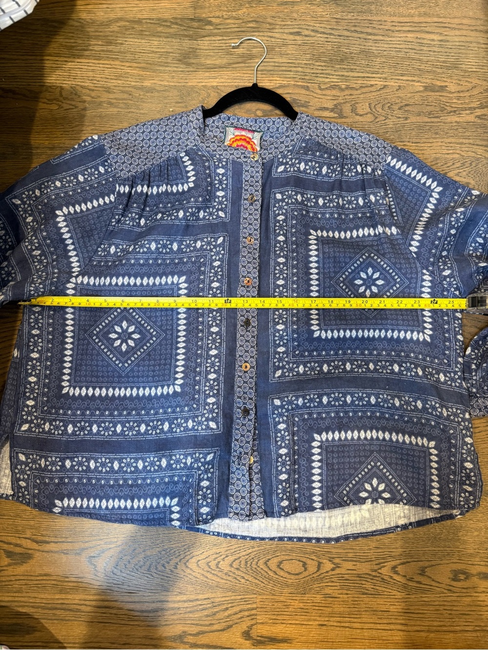 Johnny Was "Patched Ikat" linen blouse features a denim blue patchwork print,S. - Picture 8 of 9